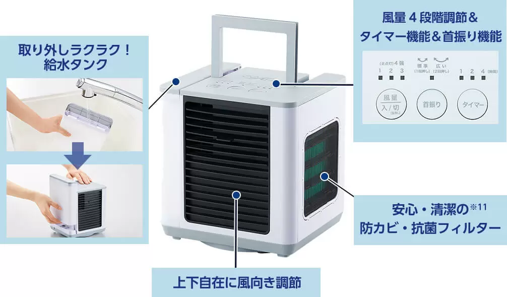取り外しラクラク！給水タンク 上下自在に風向き調節 風量4段階調節＆タイマー機能＆首振り機能 安心・清潔の防カビ・抗菌フィルター※11