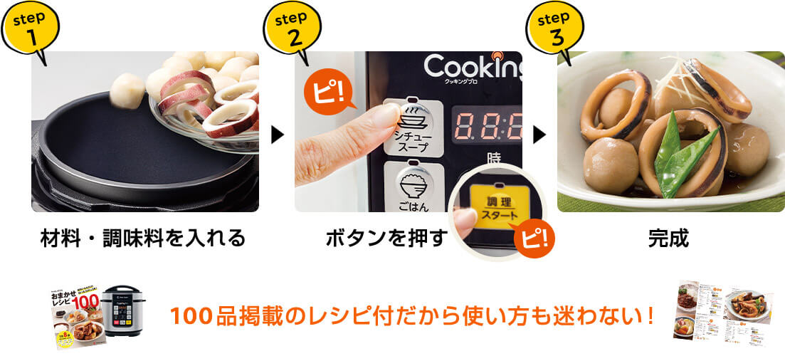 step1 材料・調味料を入れる → step2 ボタンを押す → step3 完成 100品掲載のレシピ付だから使い方も迷わない！