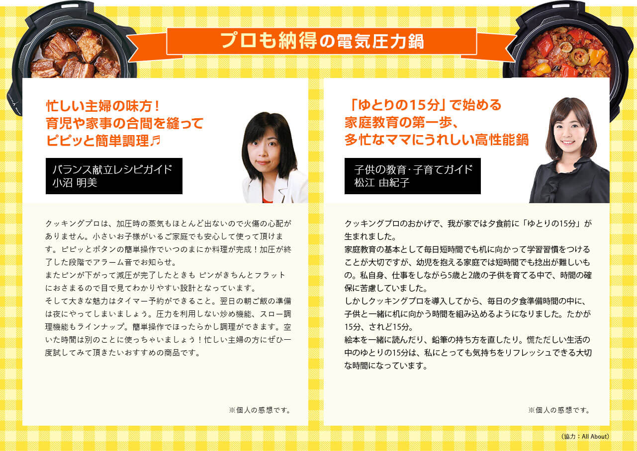 プロも納得の電気圧力鍋 バランス献立レシピガイド 小沼 明美 忙しい主婦の味方!育児や家事の合間を縫って ピピッと簡単調理 クッキングプロは、加圧時の蒸気がほとんど出ないので火傷の心配がありません。小さいお子様がいるご家庭でも安心して使って頂けます。ピピッとボタンの簡単操作でいつのまにか料理が完成!加圧が終了した段階でアラーム音でお知らせ。またピンが下がって減圧が完了したときもピンがきちんとフラットにおさまるので目で見てわかりやすい設計となっています。そして大きな魅力はタイマー予約ができること。翌日の朝ご飯の準備は夜にやってしまいましょう。圧力を利用しない炒め機能、スロー調理機能もラインナップ。簡単操作でほったらかし調理ができます。空いた時間は別のことに使っちゃいましょう!忙しい主婦の方にぜひ一度試してみて頂きたいおすすめの商品です。 ※個人の感想です。 子供の教育・子育てガイド 松江 由紀子 「ゆとりの15分」で始める家庭教育の第一歩、多忙なママにうれしい高性能鍋 クッキングプロのおかげで、我が家では夕食前に「ゆとりの15分」が生まれました。家庭教育の基本として毎日短時間でも机に向かって学習習慣をつけることが大切ですが、幼児を抱える家庭では短時間でも捻出が難しいもの。私自身、仕事をしながら5歳と2歳の子供を育てる中で、時間の確保に苦慮していました。しかしクッキングプロを導入してから、毎日の夕食準備時間の中に、子供と一緒に机に向かう時間を組み込めるようになりました。たかが15分、されど15分。絵本を一緒に読んだり、鉛筆の持ち方を直したり。慌ただしい生活の中のゆとりの15分は、私にとっても気持ちをリフレッシュできる大切な時間になっています。 ※個人の感想です。 (協力:All About)