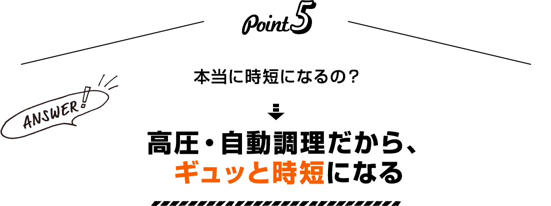 Point5 本当に時短になるの？ Answer！ 高圧・自動調理だから、ギュッと時短になる