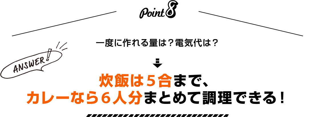 Point8 一度に作れる量は?電気代は? Answer! 炊飯は5合まで、カレーなら6人分まとめて調理できる!