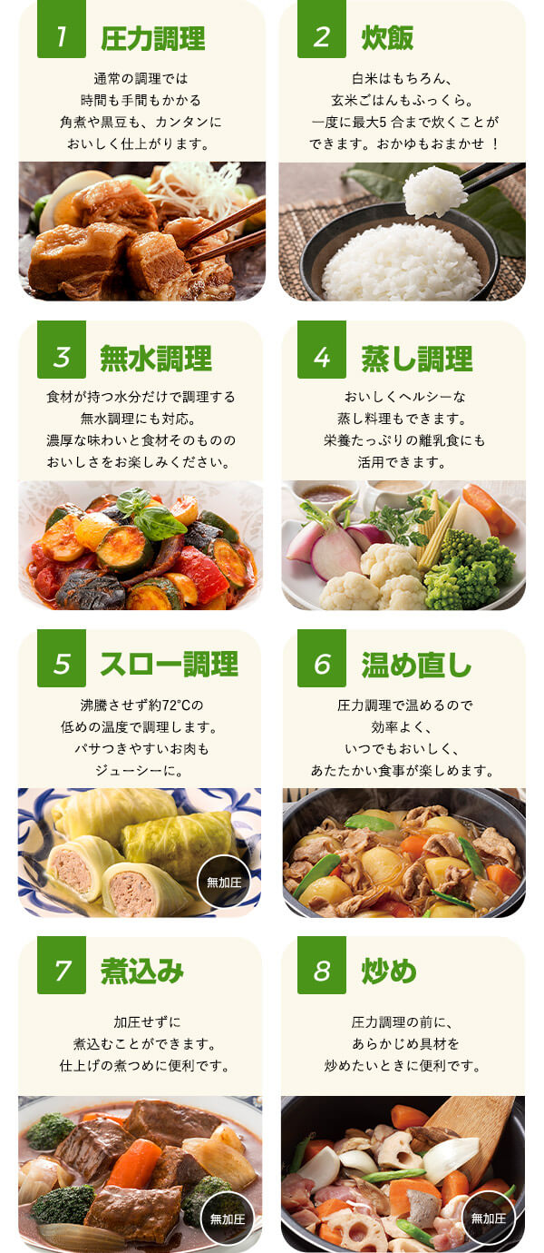 1圧力調理 通常の調理では時間も手間もかかる角煮や黒豆も、カンタンにおいしく仕上がります。 2炊飯 白米はもちろん、玄米ごはんもふっくら。一度に最大5合まで炊くことができます。おかゆもおまかせ！ 3無水調理 食材が持つ水分だけで調理する無水調理にも対応。濃厚な味わいと食材そのもののおいしさをお楽しみください。 4蒸し調理 おいしくヘルシーな蒸し料理もできます。栄養たっぷりの離乳食にも活用できます。 5スロー調理 沸騰させず約72℃の低めの温度で調理します。パサつきやすいお肉もジューシーに。 6温め直し 圧力調理で温めるので効率よく、いつでもおいしく、あたたかい食事が楽しめます。 7煮込み 加圧せずに煮込むことができます。仕上げの煮つめに便利です。 8炒め 圧力調理の前に、あらかじめ具材を炒めたいときに便利です。