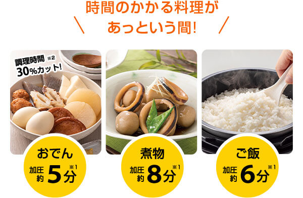 時間のかかる料理があっという間！ 調理時間 ※2 30％カット！ おでん※1 加圧約5分 煮物※1 加圧約8分 ご飯※1加圧約6分