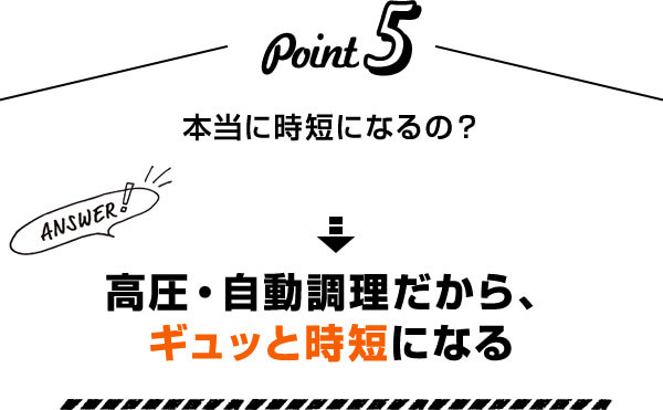 Point5 本当に時短になるの? Answer! 高圧・自動調理だから、ギュッと時短になる