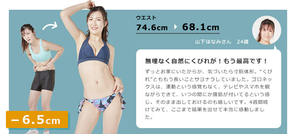 -6.5cm ウエスト 74.6cm→68.1cm 山下ほなみさん 24歳 無理なく自然にくびれが!もう最高です! ずっとお家にいたからか、気づいたら寸胴体形。“くびれ”とももう長いことサヨナラしていました。ゴロネックスは、運動という感覚もなく、テレビやスマホを観ながらできて、いつの間にか腹筋が付いてるという感じ。そのまま出しておけるのも嬉しいです。4週間続けてみて、ここまで結果を出せて本当に感動しました。