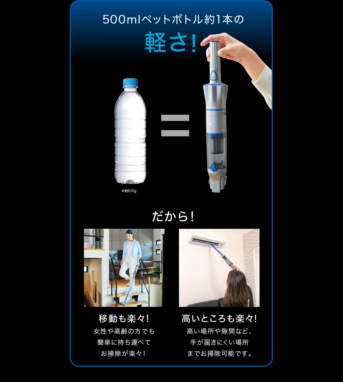 500mlペットボトル約1本の軽さ！※約510g だから！移動も楽々！女性や高齢の方でも簡単に持ち運べてお掃除が楽々！高いところも楽々！高い場所や隙間など、手が届きにくい場所までお掃除可能です。