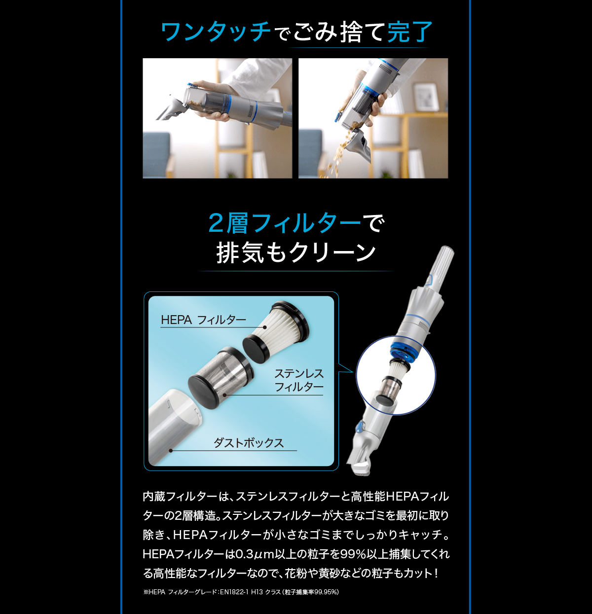 ワンタッチでごみ捨て完了 2層フィルターで排気もクリーン HEPAフィルター ステンレスフィルター ダストボックス 内蔵フィルターは、ステンレスフィルターと高性能HEPAフィルターの2層構造。ステンレスフィルターが大きなゴミを最初に取り除き、HEPAフィルターが小さなゴミまでしっかりキャッチ。HEPAフィルターは0.3μｍ以上の粒子を99％以上捕集してくれる高性能なフィルターなので、花粉や黄砂などの粒子もカット！※HEPAフィルターグレード：EN1822-1 H13クラス（粒子捕集率99.95%）