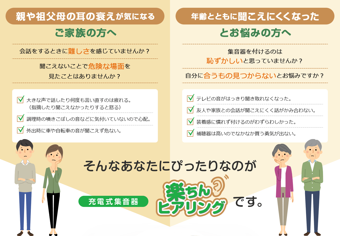 親や祖父母の耳の衰えが気になるご家族の方へ 会話をするときに難しさを感じていませんか?聞こえないことで危険な場面を見たことはありませんか? 大きな声で話したり何度も言い直すのは疲れる。(指摘したり聞こえなかったりすると怒る) 調理時の噴きこぼしの音などに気付いていないので心配。 外出時に車や自転車の音が聞こえず危ない。 年齢とともに聞こえにくくなったとお悩みの方へ集音器を付けるのは恥ずかしいと思っていませんか?自分に合うもの見つからないとお悩みですか? テレビの音がはっきり聞き取れなくなった。 友人や家族との会話が聞こえにくく話がかみ合わない。 装着感に慣れず付けるのがわずらわしかった。 補聴器は高いのでなかなか買う勇気が出ない。 そんなあなたにぴったりなのが充電式集音器楽ちんヒアリングです。