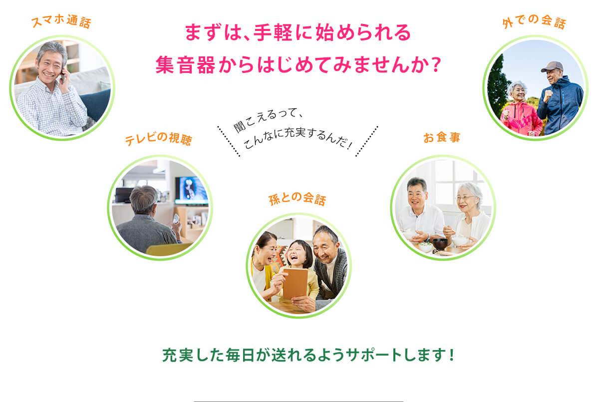 3まずは、手軽に始められる集音器からはじめてみませんか？孫との会話 外での会話 スマホ通話 テレビの視聴 お食事 聞こえるって、こんなに充実するんだ！充実した毎日が送れるようサポートします！