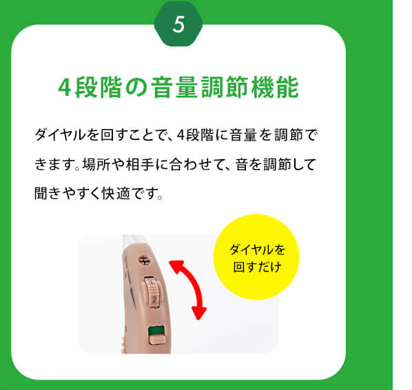 5　4段階の音量調節機能 ダイヤルを回すことで、4段階に音量を調節できます。場所や相手に合わせて、音を調節して聞きやすく快適です。ダイヤルを回すだけ