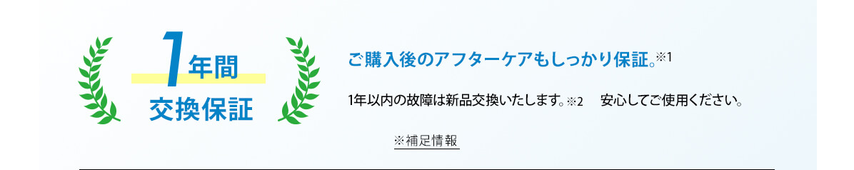 ご購入後のアフターケアもしっかり保証。1年間交換保証 1年以内の故障は新品交換いたします。※2　安心してご使用ください。