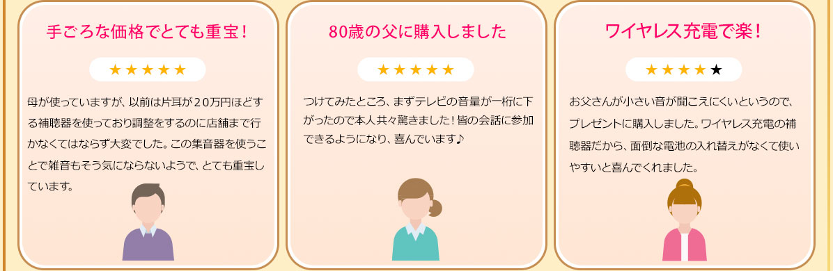 ワイヤレス充電で楽！お父さんが小さい音が聞こえにくいというので、プレゼントに購入しました。ワイヤレス充電の補聴器だから、面倒な電池の入れ替えがなくて使いやすいと喜んでくれました。
