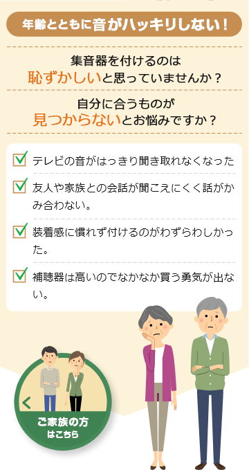 年齢とともに音がハッキリしない！ 集音器を付けるのは恥ずかしいと思っていませんか？自分に合うもの見つからないとお悩みですか？ テレビの音がはっきり聞き取れなくなった。 友人や家族との会話が聞こえにくく話がかみ合わない。 装着感に慣れず付けるのがわずらわしかった。 補聴器は高いのでなかなか買う勇気が出ない。