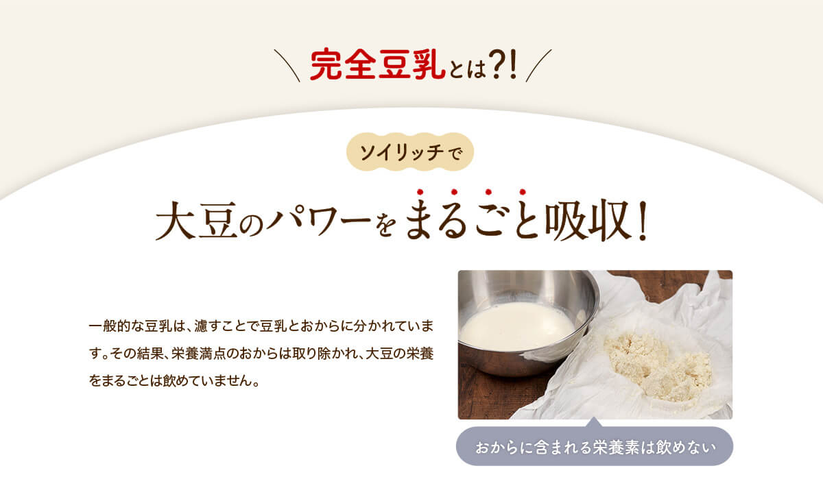 完全豆乳とは？！ソイリッチで大豆パワーをまるごと吸収！一般的な豆乳は、濾すことで豆乳とおからに分かれています。その結果、栄養満点のおからは取り除かれ、大豆の栄養をまるごとは飲めていません。おからに含まれる栄養素は飲めない