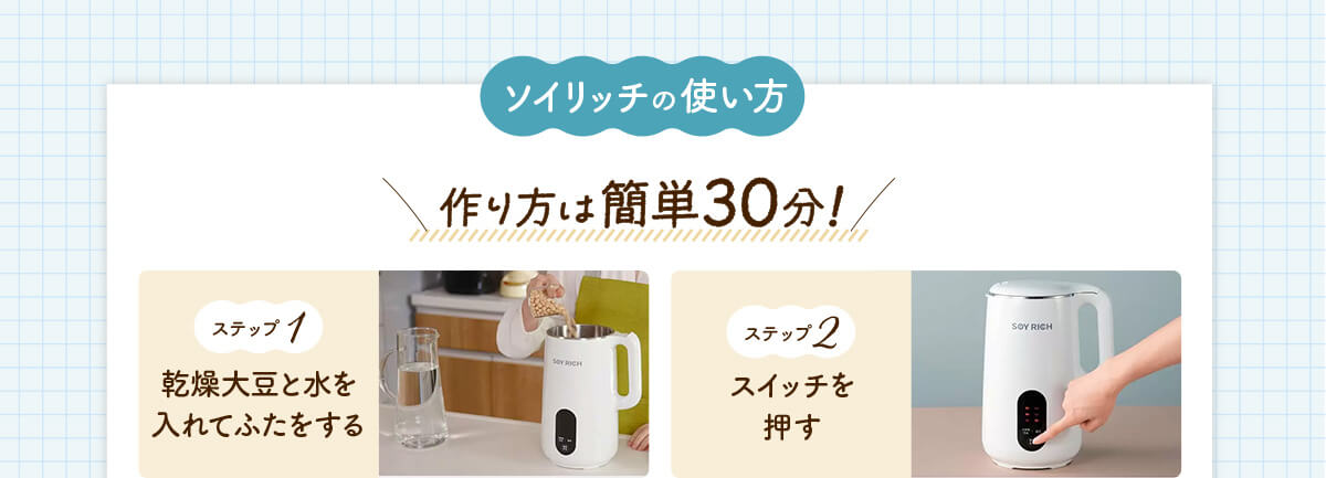 ソイリッチの使い方 作り方は簡単30分！ ステップ1 乾燥大豆と水を入れてふたをする ステップ2 スイッチを押す