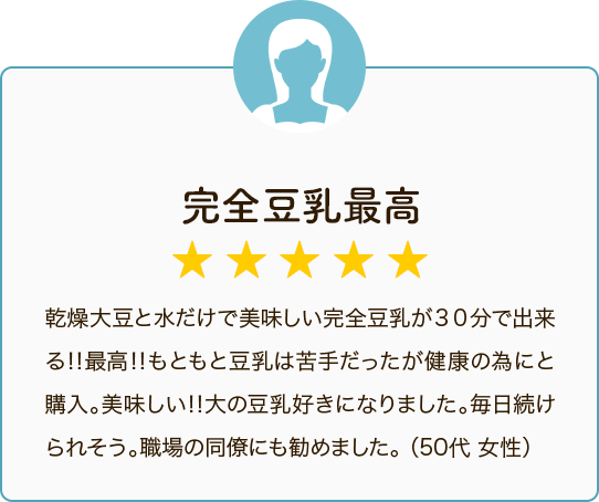 完全豆乳最高 ★★★★★ 乾燥大豆と水だけで美味しい完全豆乳が30分で出来る！！最高！！もともと豆乳は苦手だったが健康の為にと購入。美味しい！！大の豆乳好きになりました。毎日続けられそう。職場の同僚にも勧めました。（50代 女性）