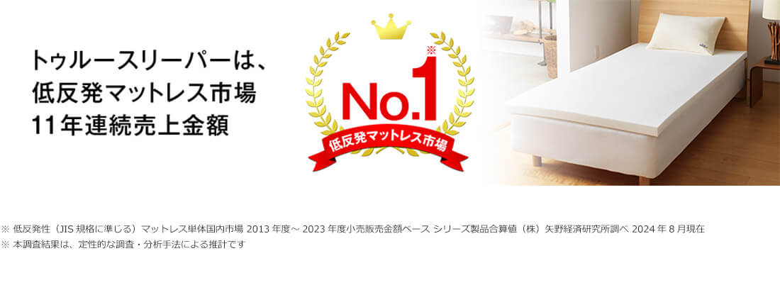 トゥルースリーパーは、低反発マットレス市場11年連続売上金額No.1※ ※低反発性（JIS規格に準じる）マットレス単体国内市場 2013年度～2023年度小売販売金額ベース シリーズ製品合算値（株）矢野経済研究所調べ 2024年8月現在 ※本調査結果は、定性的な調査・分析手法による推計です