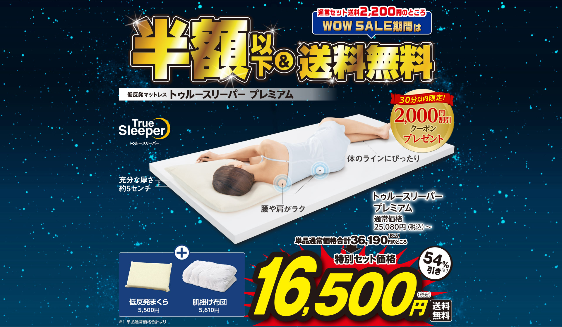 True Sleeper トゥルースリーパー 低反発マットレス トゥルースリーパー プレミアム 半額以下 ＆ 通常セット送料2,200円のところWOWSALE期間は送料無料 30分以内限定！ 2,000円割引クーポンプレゼント 単品通常価格合計35,200円（税込）のところ特別セット価格16,500円（税込）送料無料 53％引き※1 腰や肩がラク 体のラインにぴったり 充分な厚さ 約5センチ トゥルースリーパー プレミアム 通常価格25,080円（税込）～ ＋ 万能まくら7,700円 トゥルースリーパー プレミアム3年交換保証（1年交換保証＋2年延長保証）2,420円 ※1 単品通常価格合計より