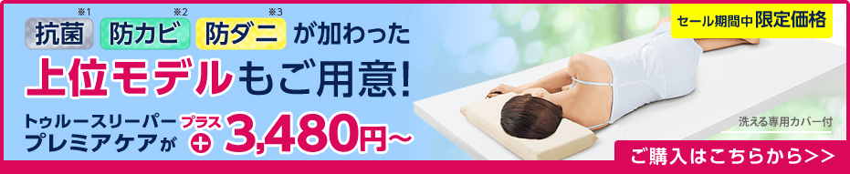 抗菌※1 防カビ※2 防ダニ※3 が加わった上位モデルもご用意！ トゥルースリーパー プレミアケアがプラス3,480円～ 洗える専用カバー付 セール期間中限定価格 ご購入はこちらから
