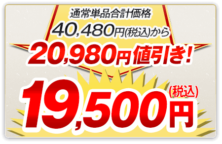 通常単品合計価格40,480円（税込）から20,980円値引き！19,500円（税込）
