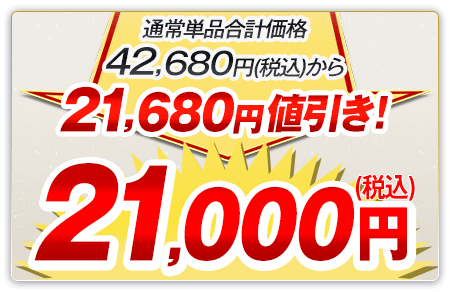 通常単品合計価格42,680円（税込）から21,680円値引き！21,000円（税込）