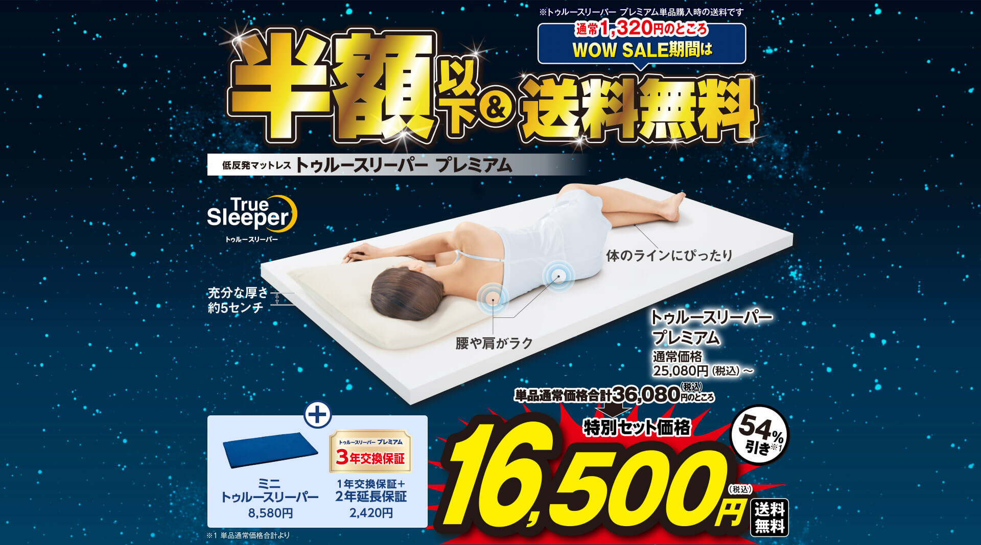 TrueSleeper トゥルースリーパー 低反発マットレス トゥルースリーパー プレミアム 半額以下 ＆ 通常1,320円のところWOWSALE期間は送料無料 単品通常価格合計36,080円（税込）のところ特別セット価格16,500円（税込）送料無料 54％引き※1 腰や肩がラク 体のラインにぴったり 充分な厚さ 約5センチ トゥルースリーパー プレミアム 通常価格25,080円（税込）～ ＋ ミニトゥルースリーパー8,580円 トゥルースリーパー プレミアム 3年交換保証（1年交換保証＋2年延長保証）2,420円 ※トゥルースリーパー プレミアム単品購入時の送料です ※1 単品通常価格合計より