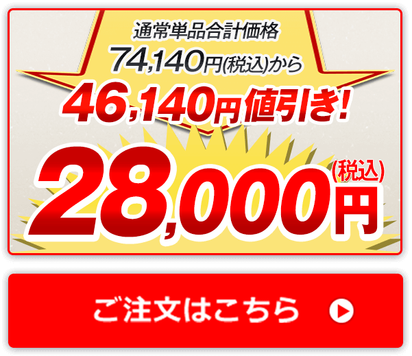 通常単品合計価格74,140円（税込）から46,140円値引き！28,000円（税込） ご注文はこちら