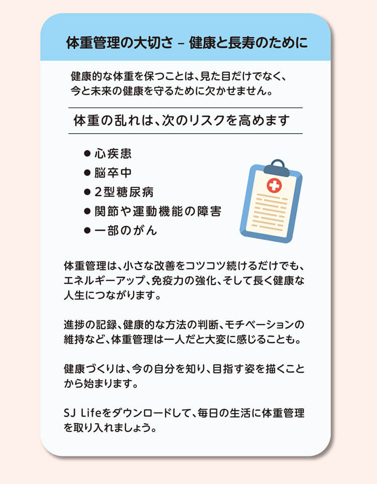 体重管理の大切さ 健康と長寿のために 健康的な体重を保つことは、見た目だけでなく、今と未来の健康を守るために欠かせません。体重の乱れは、次のリスクを高めます ●心疾患●脳卒中●2型糖尿病●関節や運動機能障害●一部のがん 体重管理は、小さな改善をコツコツ続けるだけでも、エネルギーアップ、免疫力の強化、そして長く健康な人生につながります。 進捗の記録、健康的な方法の判断、モチベーションの維持など、体重管理は一人だと大変に感じることも。 健康づくりは、今の自分を知り、目指す姿を描くことから始まります。 SJ Lifeをダウンロードして、毎日の生活に体重管理を取り入れましょう。