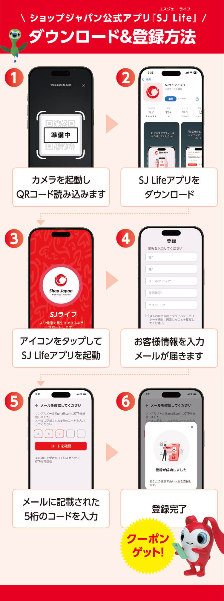 ショップジャパン公式アプリ『SJ Life』エスジェー ライフ ダウンロード＆登録方法 1 カメラを起動しQRコードを読み込みます 準備中 2 SJ Lifeアプリをダウンロード 3 アイコンをタップしてSJ Lifeアプリを起動 4 お客様情報を入力 メールが届きます 5 メールに記載された5桁のコードを入力 6 登録完了 クーポンゲット！