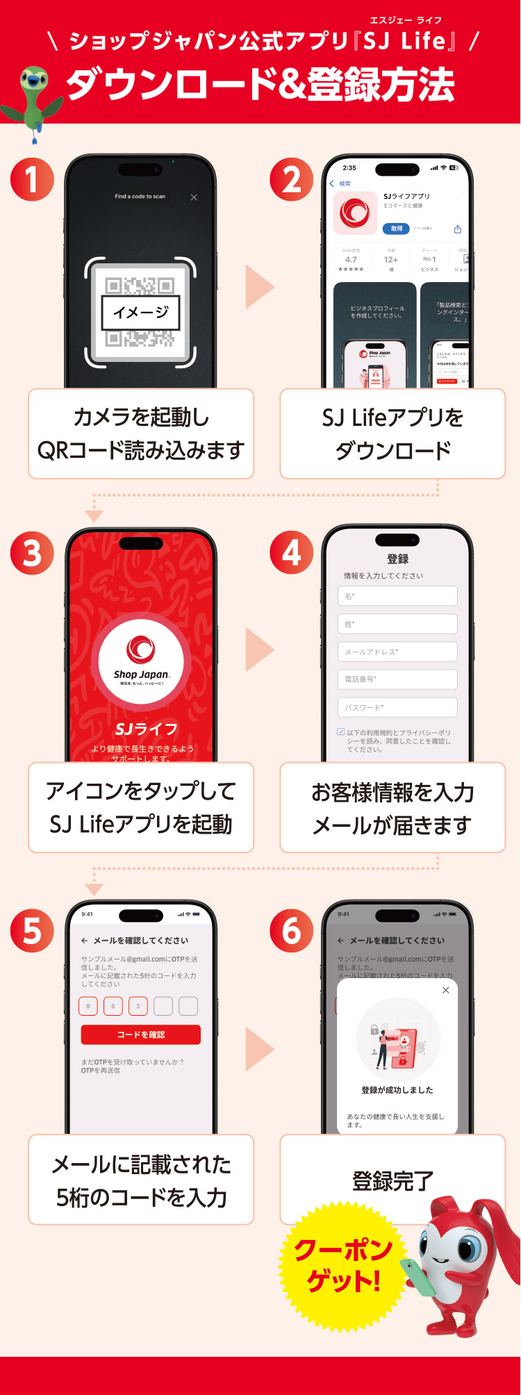 ショップジャパン公式アプリ『SJ Life』エスジェー ライフ ダウンロード＆登録方法 1 カメラを起動しQRコードを読み込みます イメージ 2 SJ Lifeアプリをダウンロード 3 アイコンをタップしてSJ Lifeアプリを起動 4 お客様情報を入力 メールが届きます 5 メールに記載された5桁のコードを入力 6 登録完了 クーポンゲット！