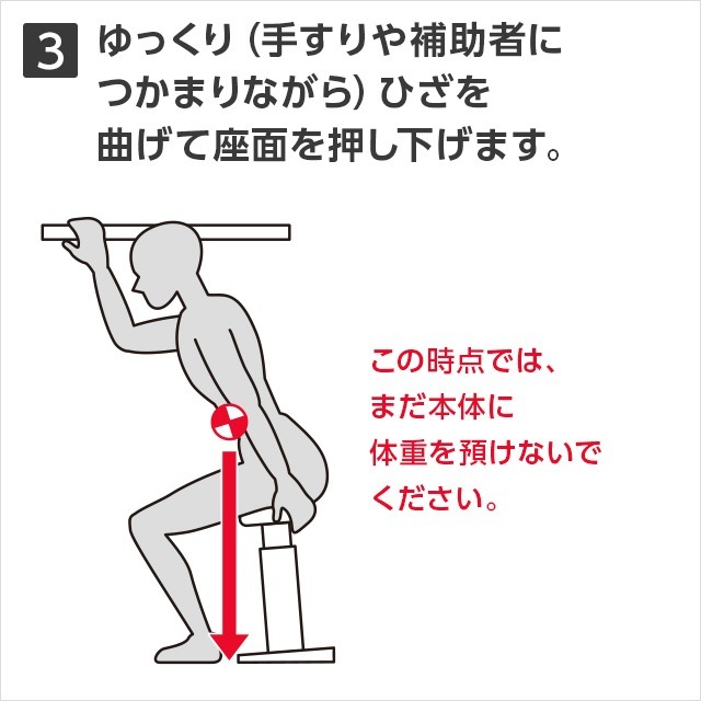 3ゆっくり(手すりや補助者につかまりながら)ひざを曲げて座面を押し下げます。この時点では、まだ本体に体重を預けないでくさい。
