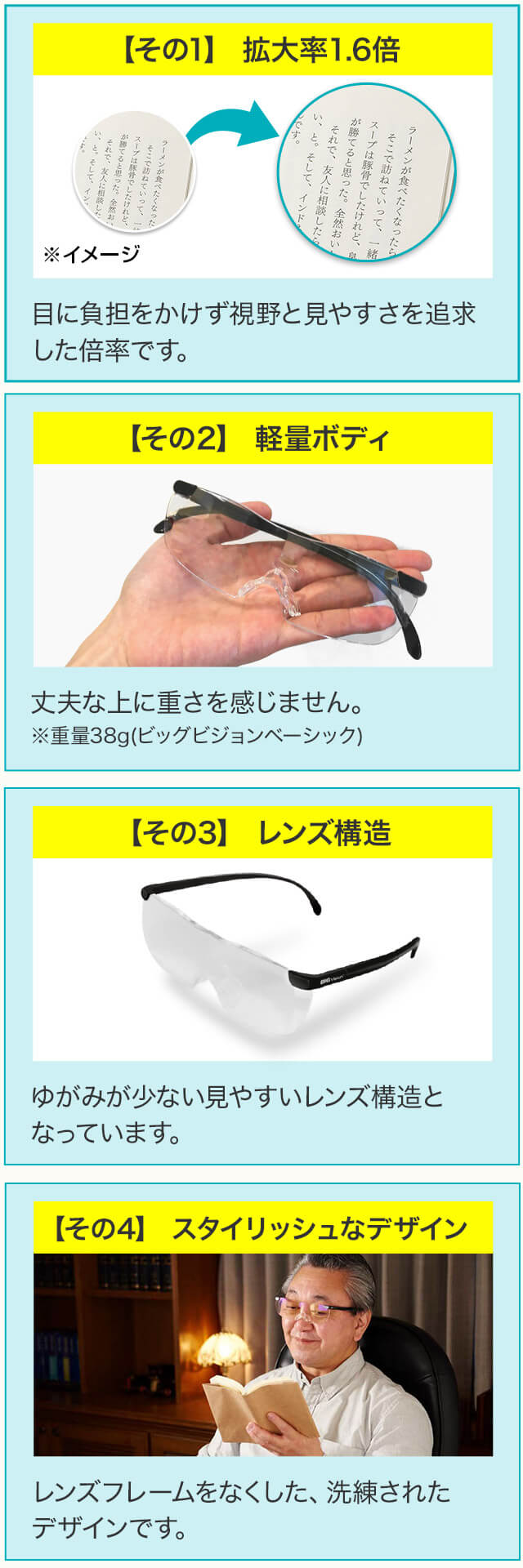 【その1】 拡大率1.6倍 ※イメージ 目に負担をかけず視野と見やすさを追求した倍率です。 【その2】 軽量ボディ 丈夫な上に重さを感じません。※重量38g(ビッグビジョンベーシック) 【その3】 レンズ構造 ゆがみが少ない見やすいレンズ構造となっています。 【その4】 スタイリッシュなデザイン レンズフレームをなくした、洗練されたデザインです。