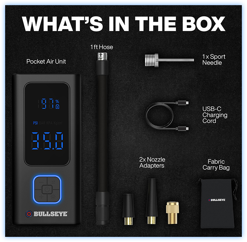 WHAT’S IN THE BOX Pocket Air Unit 1ft Hose 1x Sport Needle USB-C Charging Cord 2x Nozzle Adapters Fabric Carry Bag