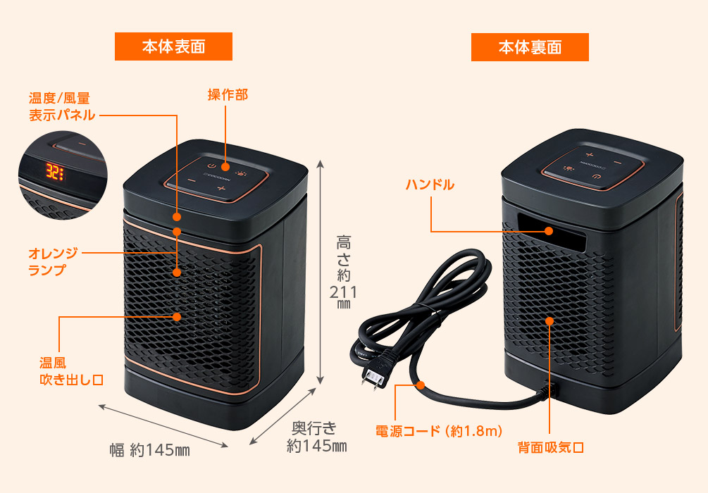 本体表面 温度／風量表示パネル 操作部 オレンジランプ 温風吹き出し口 幅約145mm 高さ約211mm 奥行き約145mm 本体裏面 ハンドル 電源コード（約1.8m） 背面吸気口