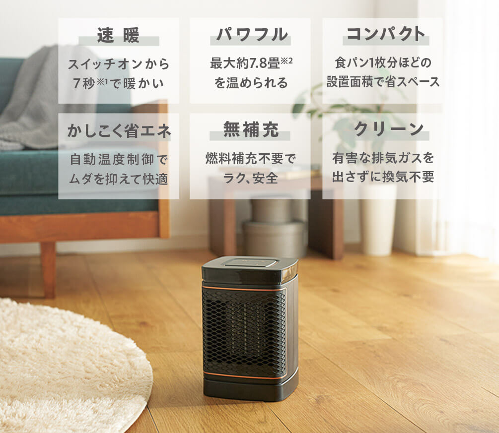 速暖 スイッチオンから7秒※1で暖かい パワフル 最大約7.8畳※2を温められる コンパクト 食パン1枚分ほどの設置面積で省スペース かしこく省エネ 自動温度制御でムダを抑えて快適 無補充 燃料補充不要でラク、安全 クリーン 有害な排気ガスを出さずに換気不要