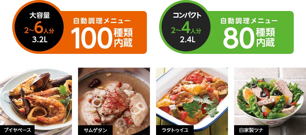 大容量 2~6人分 3.2L 自動調理メニュー100種類内蔵 ブイヤベース サムゲタン コンパクト 2~4人分 2.4L 自動調理メニュー80種類内蔵 ラタトゥイユ 自家製ツナ