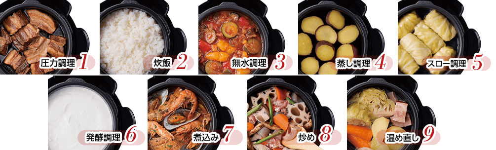 圧力調理1 炊飯2 無水調理3 蒸し調理4 スロー調理5 発酵調理6 煮込み7 炒め8 温め直し9