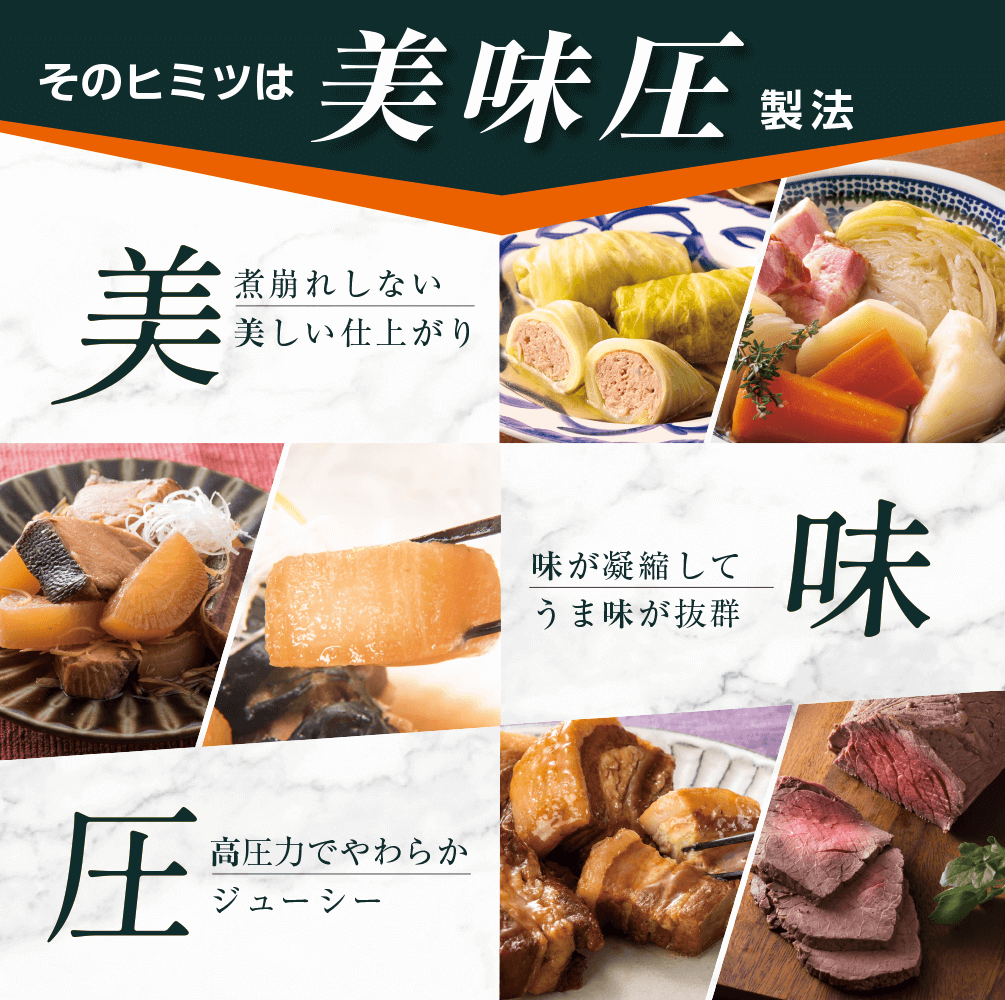 そのヒミツは美味圧製法 美 煮崩れしない美しい仕上がり 味 味が凝縮してうま味が抜群 圧 高圧力でやわらかジューシー