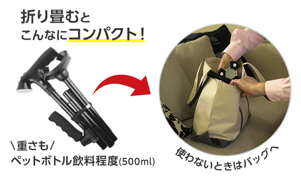 折り畳むとこんなにコンパクト! 重さもペットボトル飲料程度(500ml) ショート:約460g/ロング:約480g ※電池含まず 使わないときはバッグへ