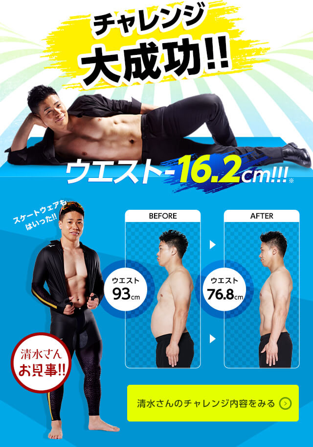 チャレンジ大成功!! ウエスト-16.2cm!!!※ BEFORE ウエスト93cm AFTER ウエスト76.8cm スケートウェアもはいった!! 清水さんお見事!! 清水さんのチャレンジ内容をみる