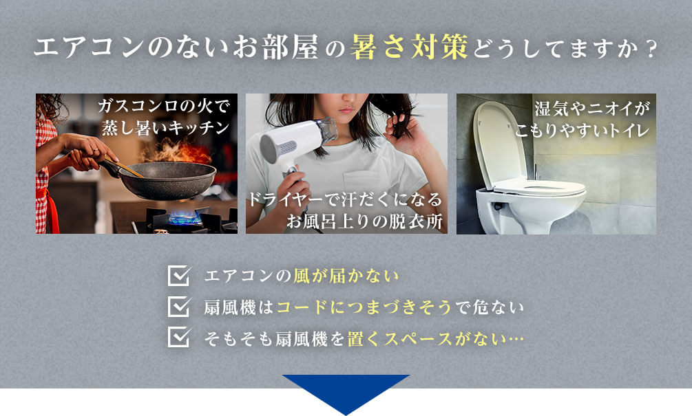 エアコンのないお部屋の暑さ対策どうしてますか? ガスコンロの火で蒸し暑いキッチン ドライヤーで汗だくになるお風呂上りの脱衣所 湿気やニオイがこもりやすいトイレ エアコンの風が届かない 扇風機はコードにつまづきそうで危ない そもそも扇風機を置くスペースがない・・・