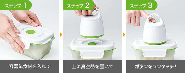 ステップ1 容器に食材を入れて ステップ2 上に真空器を置いて ステップ3 ボタンをワンタッチ!