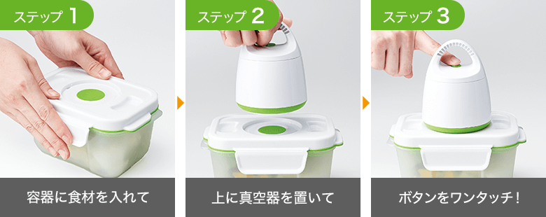 ステップ1 容器に食材を入れて ステップ2 上に真空器を置いて ステップ3 ボタンをワンタッチ！