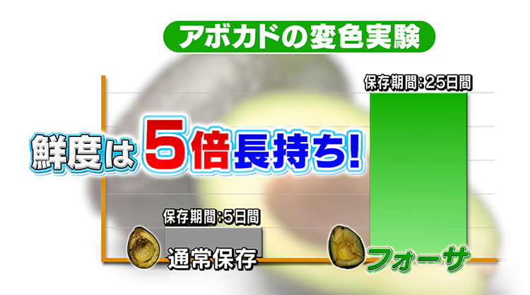 アボカドの変色実験 鮮度は5倍長持ち! 通常保存 保存期間:5日間 フォーサ 保存期間:25日間
