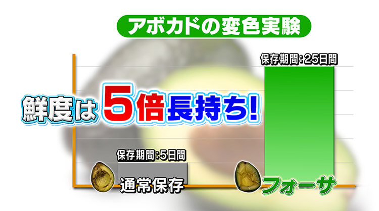 アボカドの変色実験 鮮度は5倍長持ち！ 通常保存 保存期間：5日間 フォーサ 保存期間：25日間