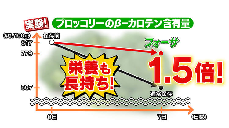 実験！ブロッコリーのβ－カロテン含有量 保存前 通常保存 フォーサ 1.5倍！