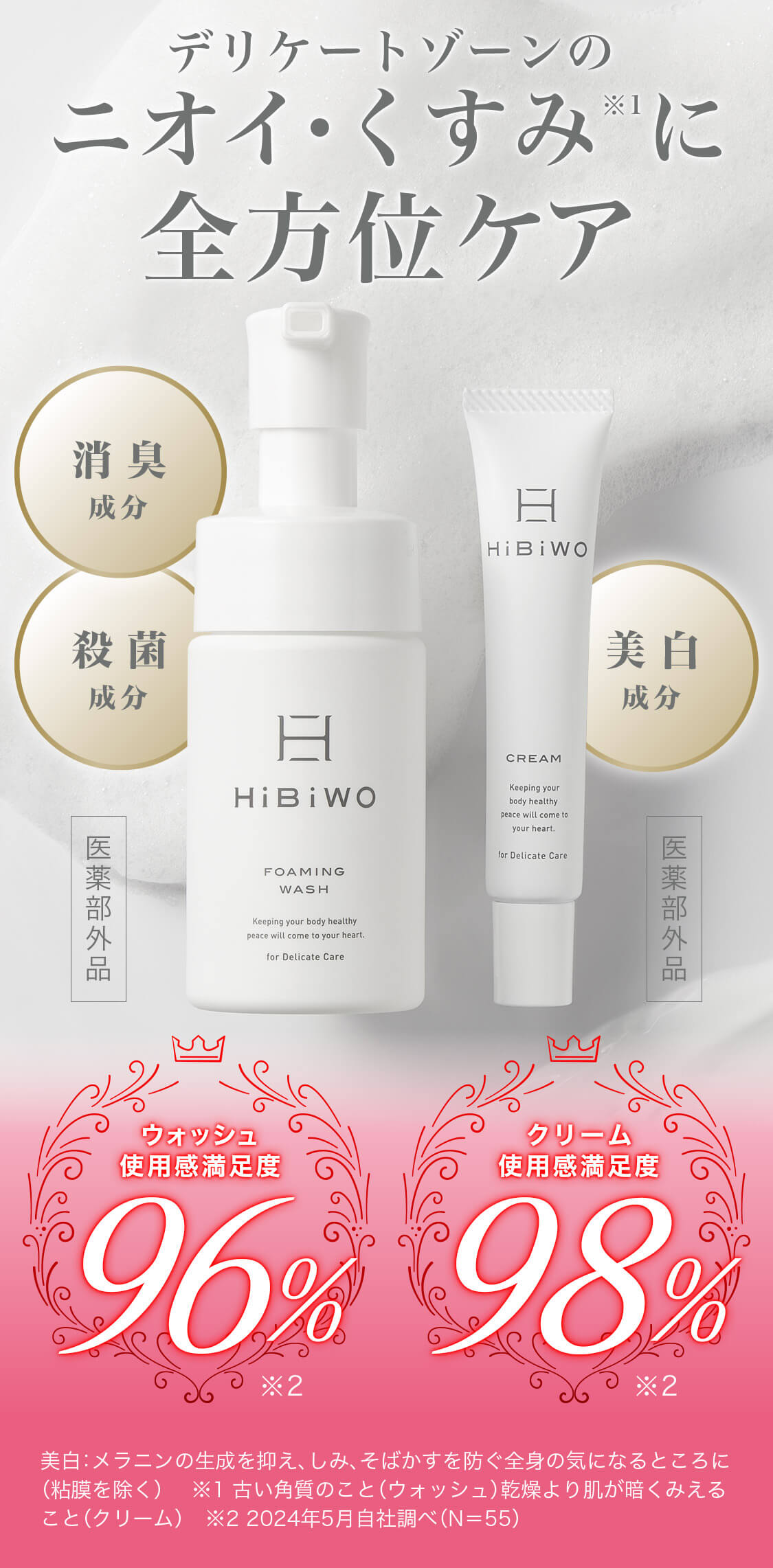 デリケートゾーンのニオイ・くすみ※1に全方位ケアHiBiWO 消臭成分 殺菌成分 美白成分 医薬部外品 ウォッシュ使用感満足度96%※2 クリーム使用感満足度98%※2 美白:メラニンの生成を抑え、しみ、そばかすを防ぐ全身の気になるところに(粘膜を除く) ※1 古い角質のこと(ウォッシュ)乾燥より肌が暗くみえること(クリーム) ※2 2024年5月自社調べ(N=55)