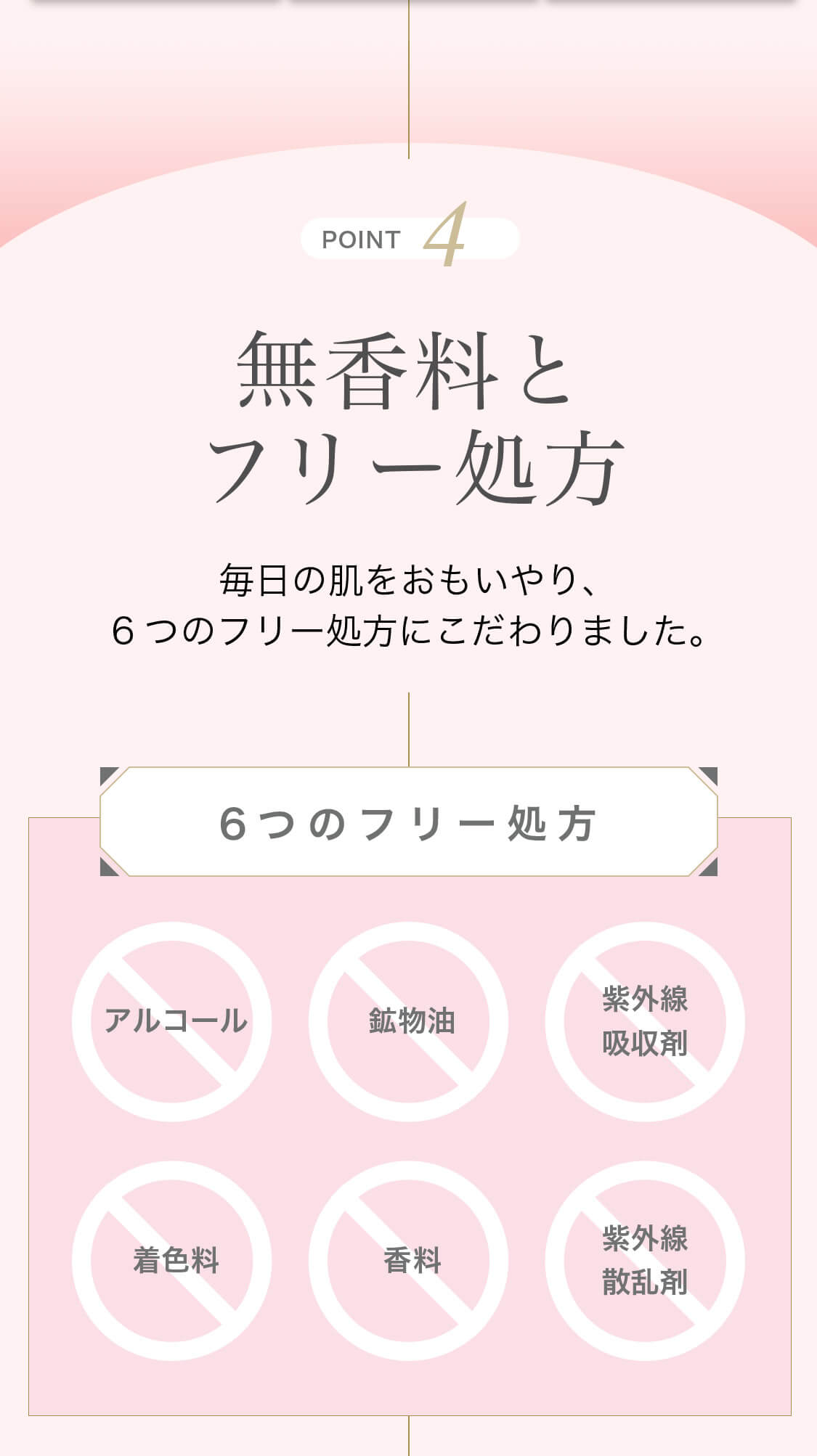 POINT4 無香料とフリー処方 毎日の肌をおもいやり、6つのフリー処方にこだわりました。 6つのフリー処方 アルコール 鉱物油 紫外線吸収剤 着色料 香料 紫外線散乱剤