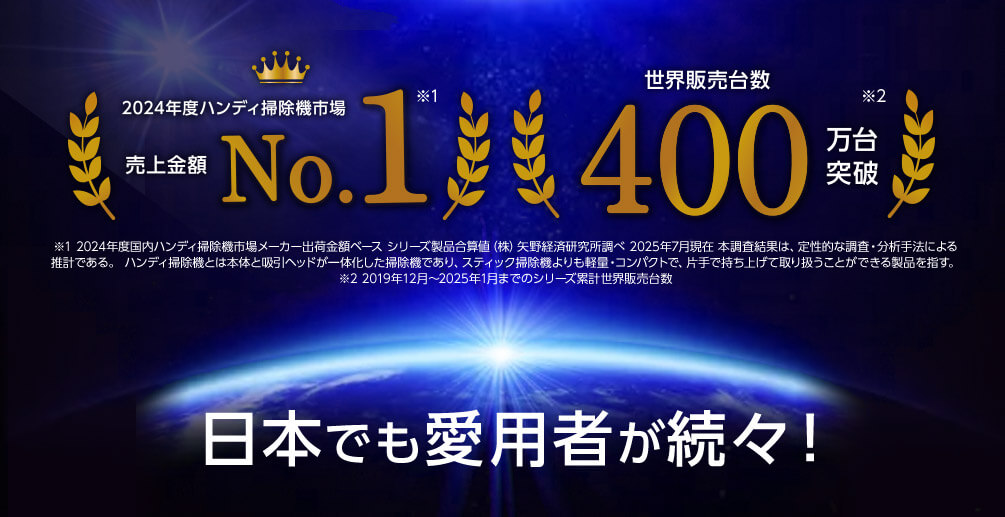 2024年度ハンディ掃除機市場 売上金額No.1※1 世界販売台数400万台突破※2 ※1 2024年度国内ハンディ掃除機市場メーカー出荷金額ベース シリーズ製品合算値(株)矢野経済研究所調べ 2025年7月現在 本調査結果は、定性的な調査・分析手法による推計である。ハンディ掃除機とは本体と吸引ヘッドが一体化した掃除機であり、スティック掃除機よりも軽量・コンパクトで、片手で持ち上げて取り扱うことができる製品を指す。※2 2019年12月~2025年1月までのシリーズ累計世界販売台数 日本でも愛用者が続々!