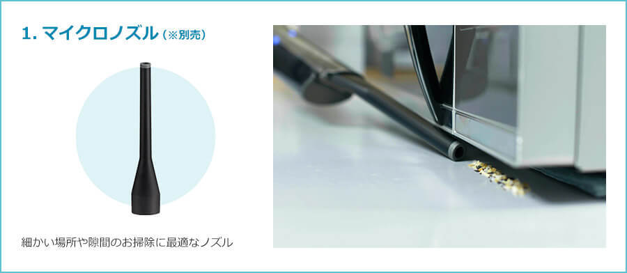 1.マイクロノズル（※別売） 細かい場所や隙間のお掃除に最適なノズル